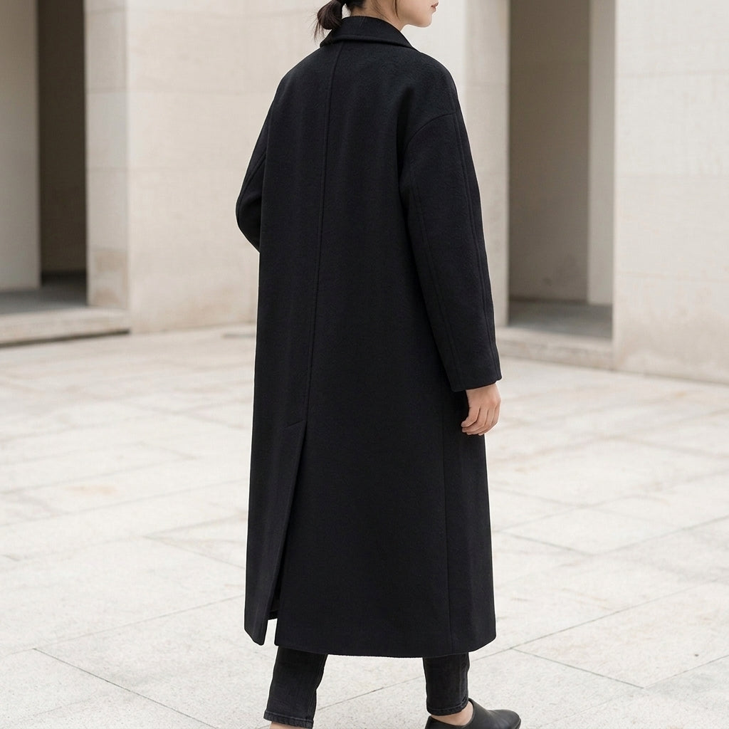 Black Wool Coat - Women's Double-Breasted Trench Coat