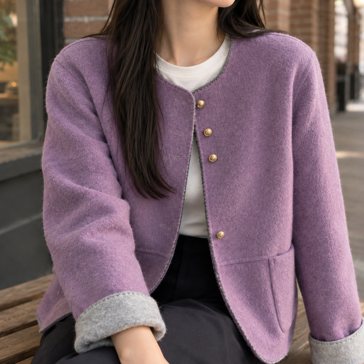 Women's Collarless Button Front Jacket – Relaxed Drop Shoulder Jacket with Contrast Cuffs