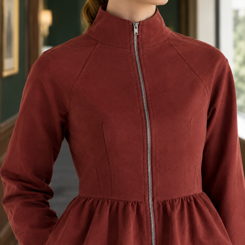 Women's Red Peplum Jacket – Fitted Zip-Up Jacket with Stand Collar