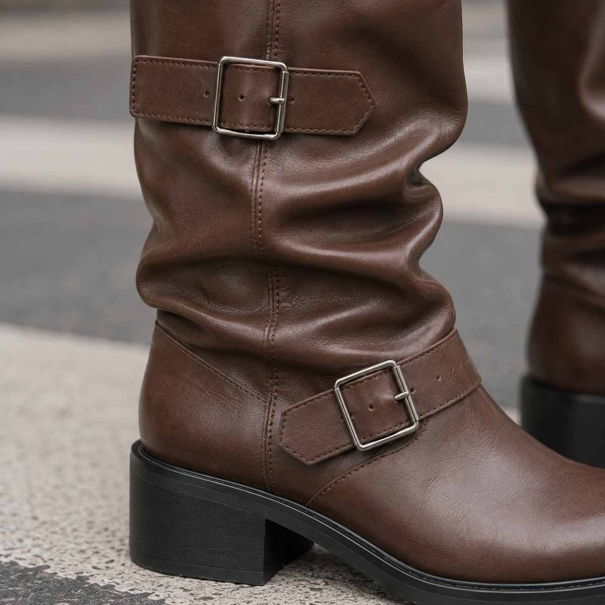 Women's Slouchy Knee High Biker Boots – Buckle Detail Boots with Low Block Heel