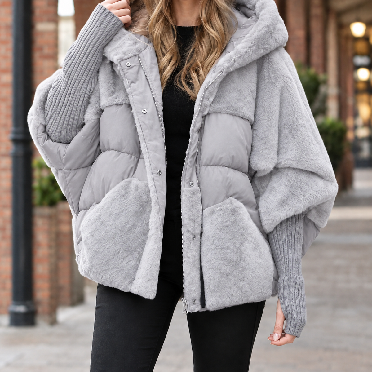 Women's Oversized Hooded Jacket with Plush Trim – Mixed Texture Zip Jacket