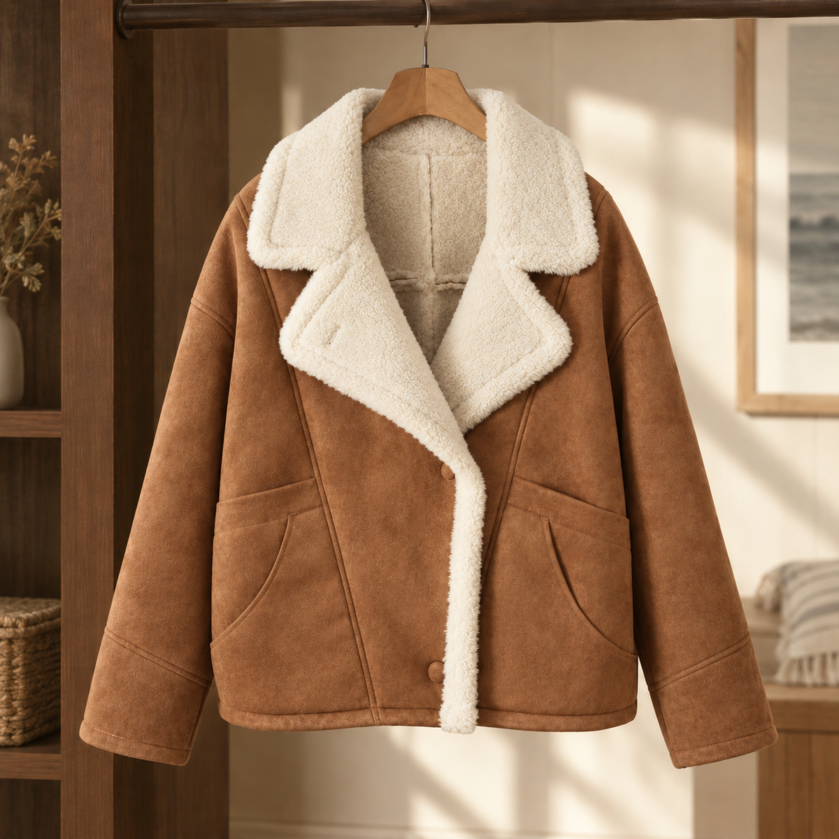 Women's Cropped Jacket with Plush Lapels – Button Front Jacket with Patch Pockets