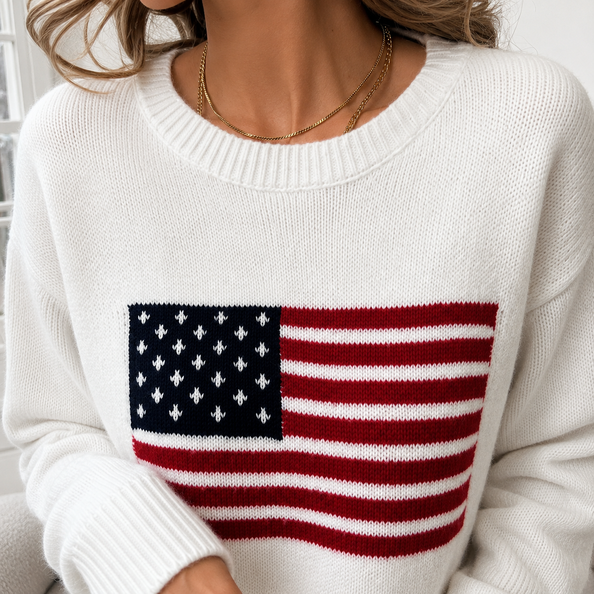 USA Flag Sweater – Women's Soft Knitted Crew Neck Pullover – Relaxed Casual American Flag Jumper