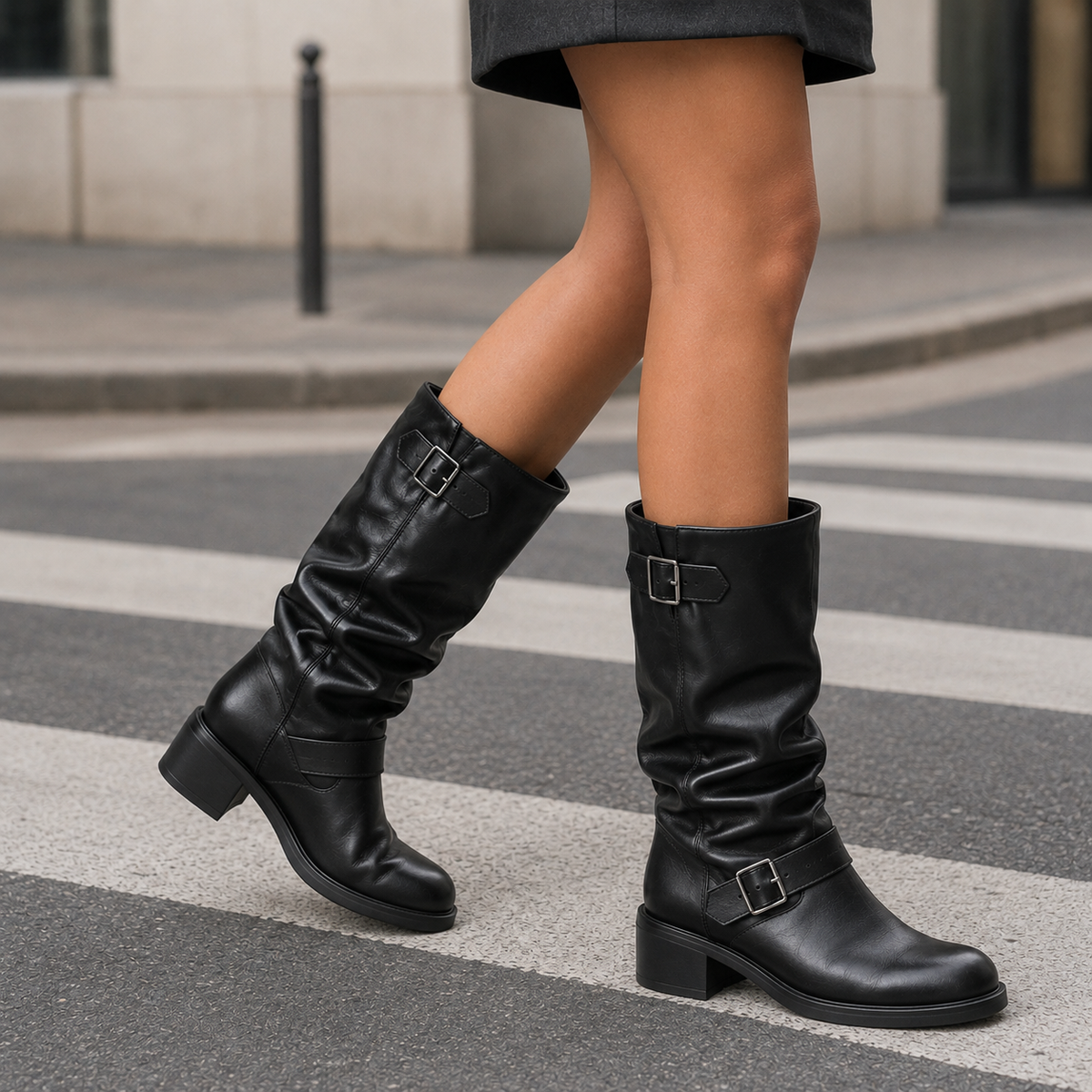 Women's Slouchy Knee High Biker Boots – Buckle Detail Boots with Low Block Heel