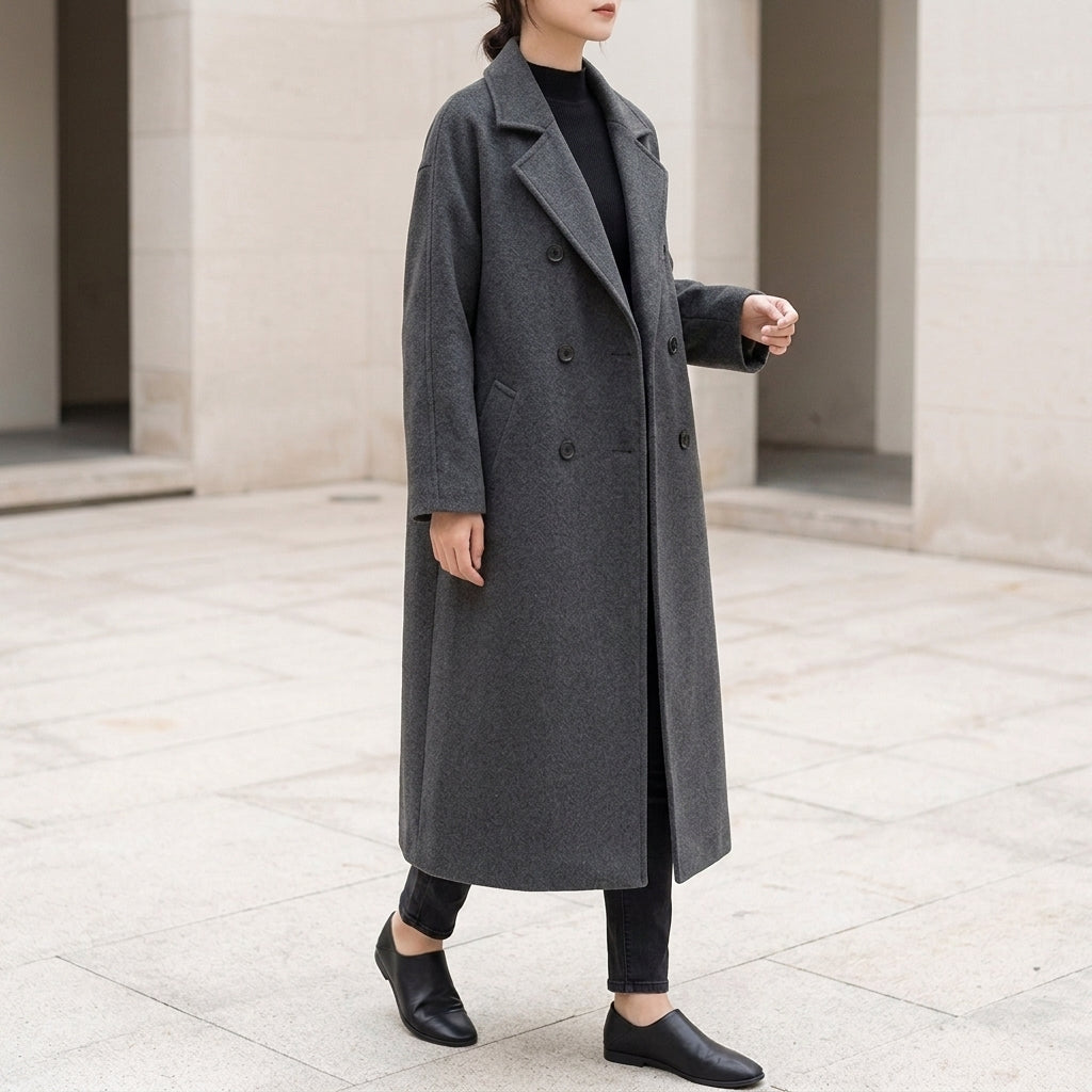 Black Wool Coat - Women's Double-Breasted Trench Coat