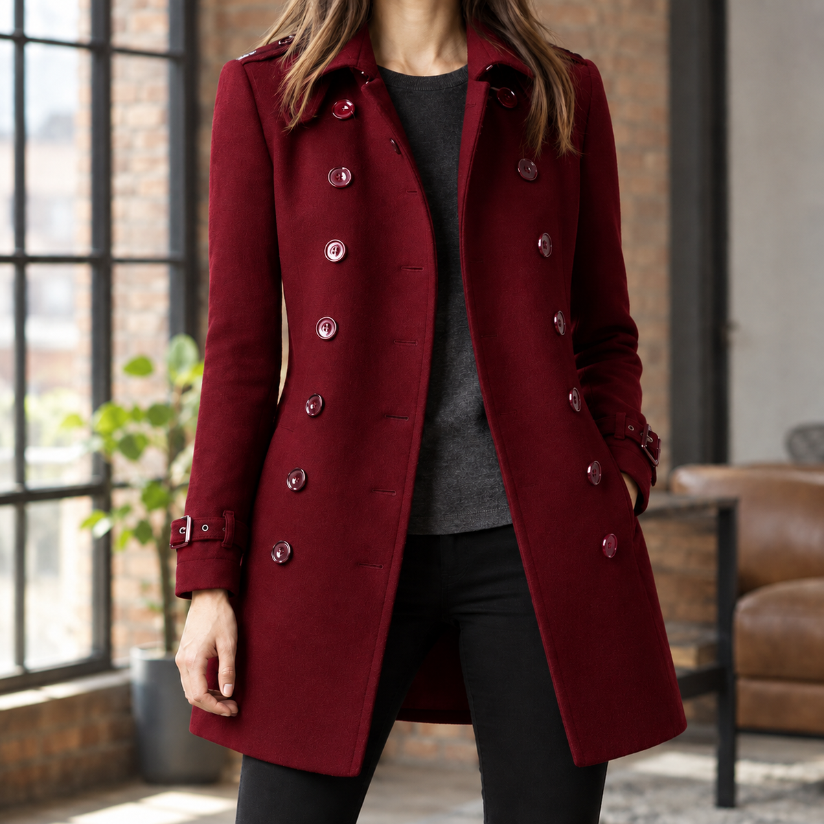 Women's Double-Breasted Coat – Mid-Thigh Notched Collar Coat with Cuff Tabs