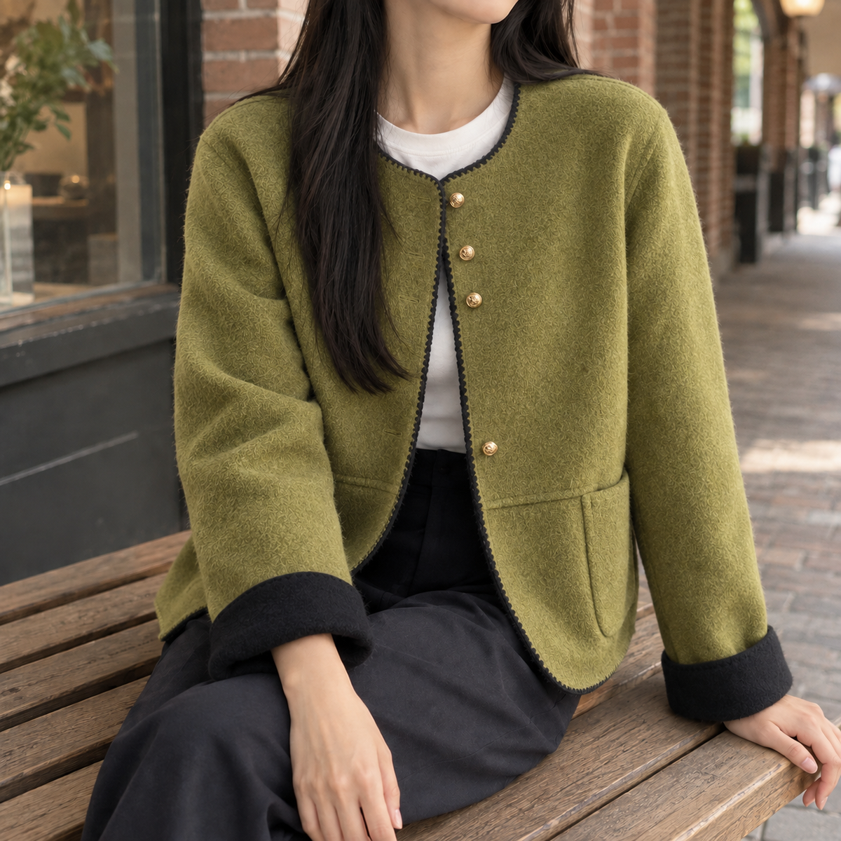 Women's Collarless Button Front Jacket – Relaxed Drop Shoulder Jacket with Contrast Cuffs