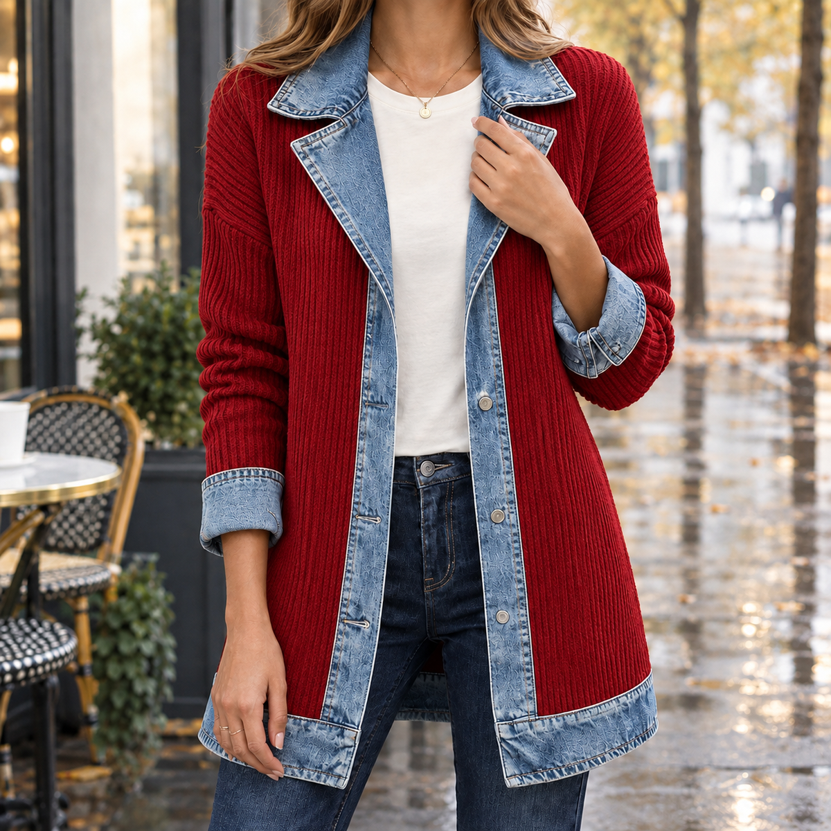 Women's Ribbed Knit Jacket with Contrast Denim Trim – Notched Collar Button Front Jacket