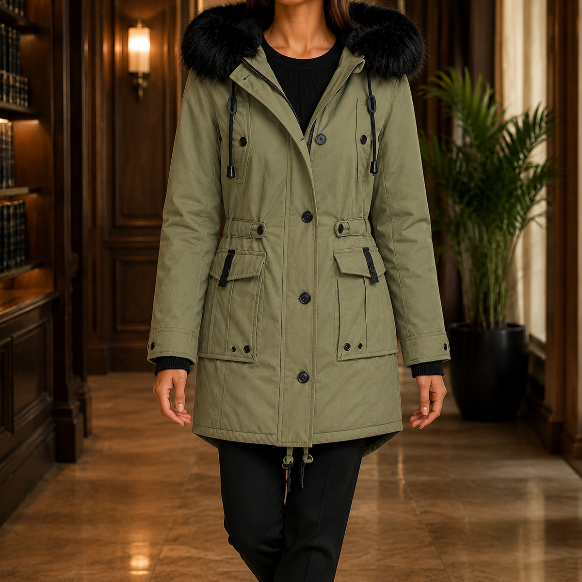 Women's Hooded Overcoat with Plush Trim – Thigh Length Coat with Adjustable Waist