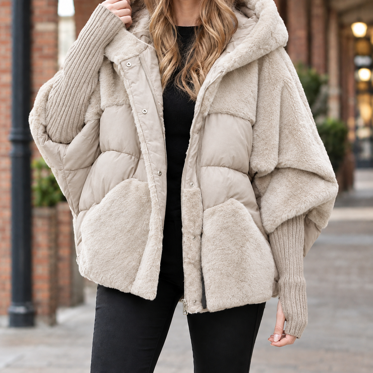 Women's Oversized Hooded Jacket with Plush Trim – Mixed Texture Zip Jacket