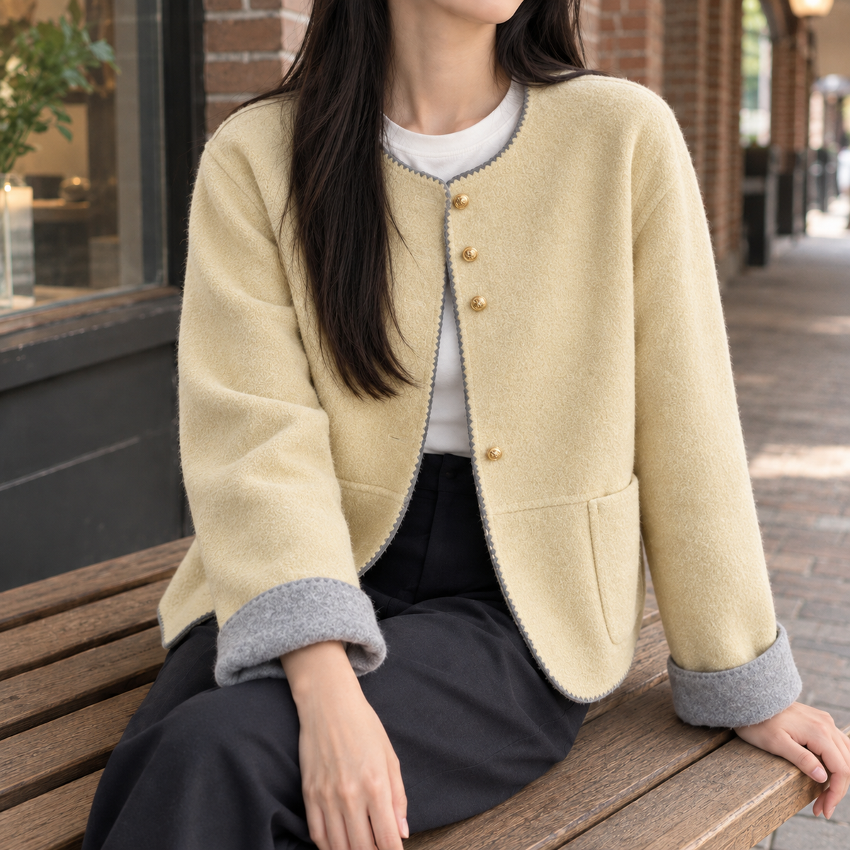 Women's Collarless Button Front Jacket – Relaxed Drop Shoulder Jacket with Contrast Cuffs