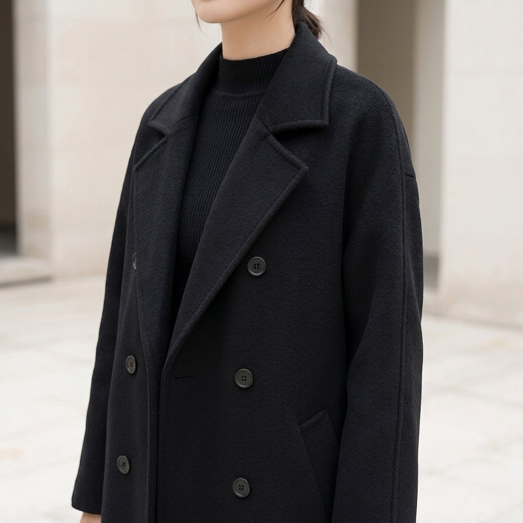 Black Wool Coat - Women's Double-Breasted Trench Coat