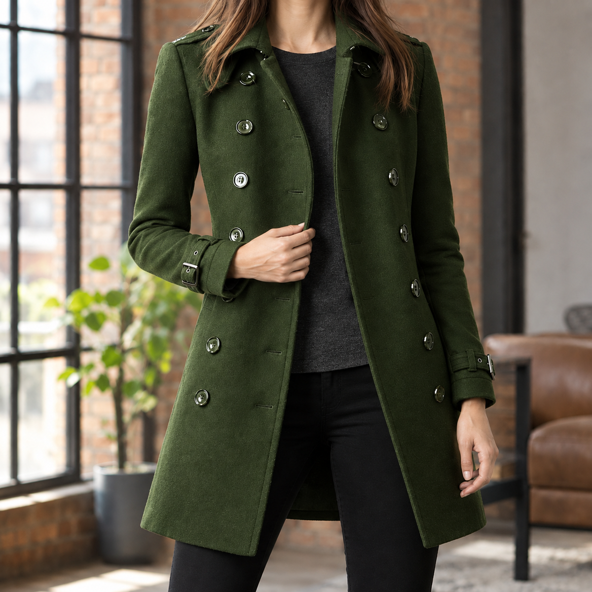 Women's Double-Breasted Coat – Mid-Thigh Notched Collar Coat with Cuff Tabs