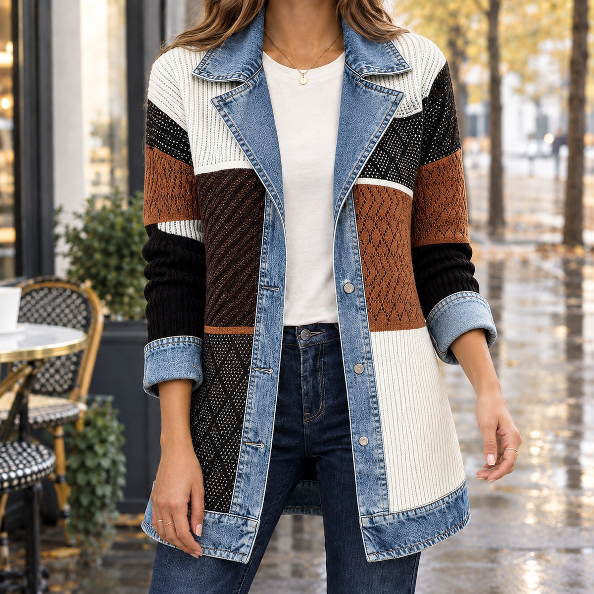 Women's Ribbed Knit Jacket with Contrast Denim Trim – Notched Collar Button Front Jacket