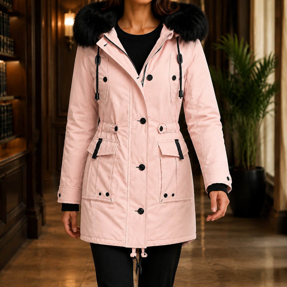 Women's Hooded Overcoat with Plush Trim – Thigh Length Coat with Adjustable Waist