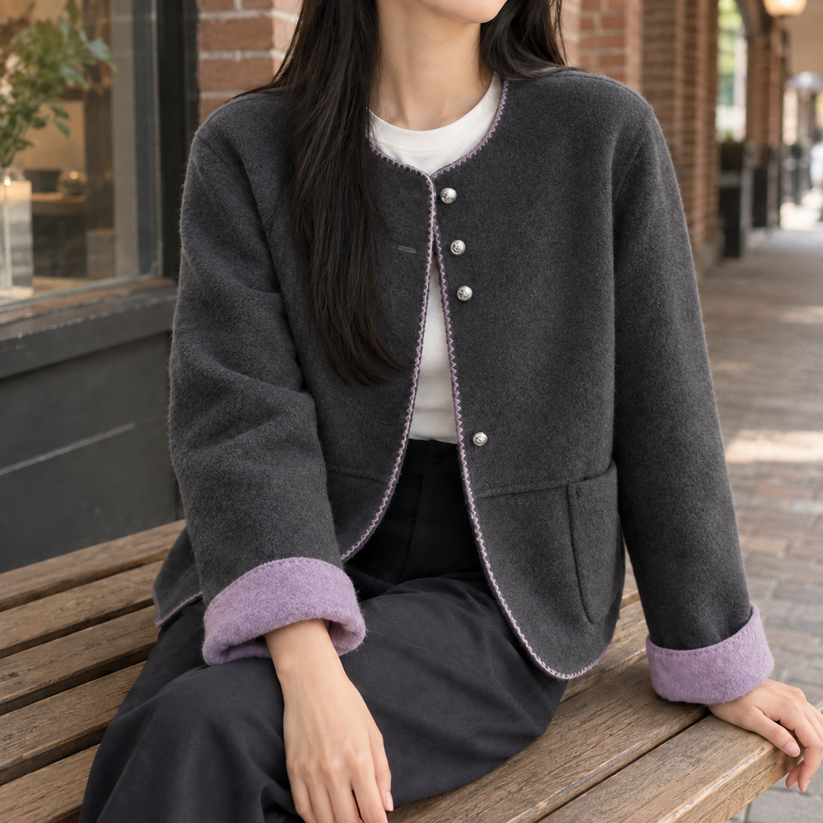 Women's Collarless Button Front Jacket – Relaxed Drop Shoulder Jacket with Contrast Cuffs
