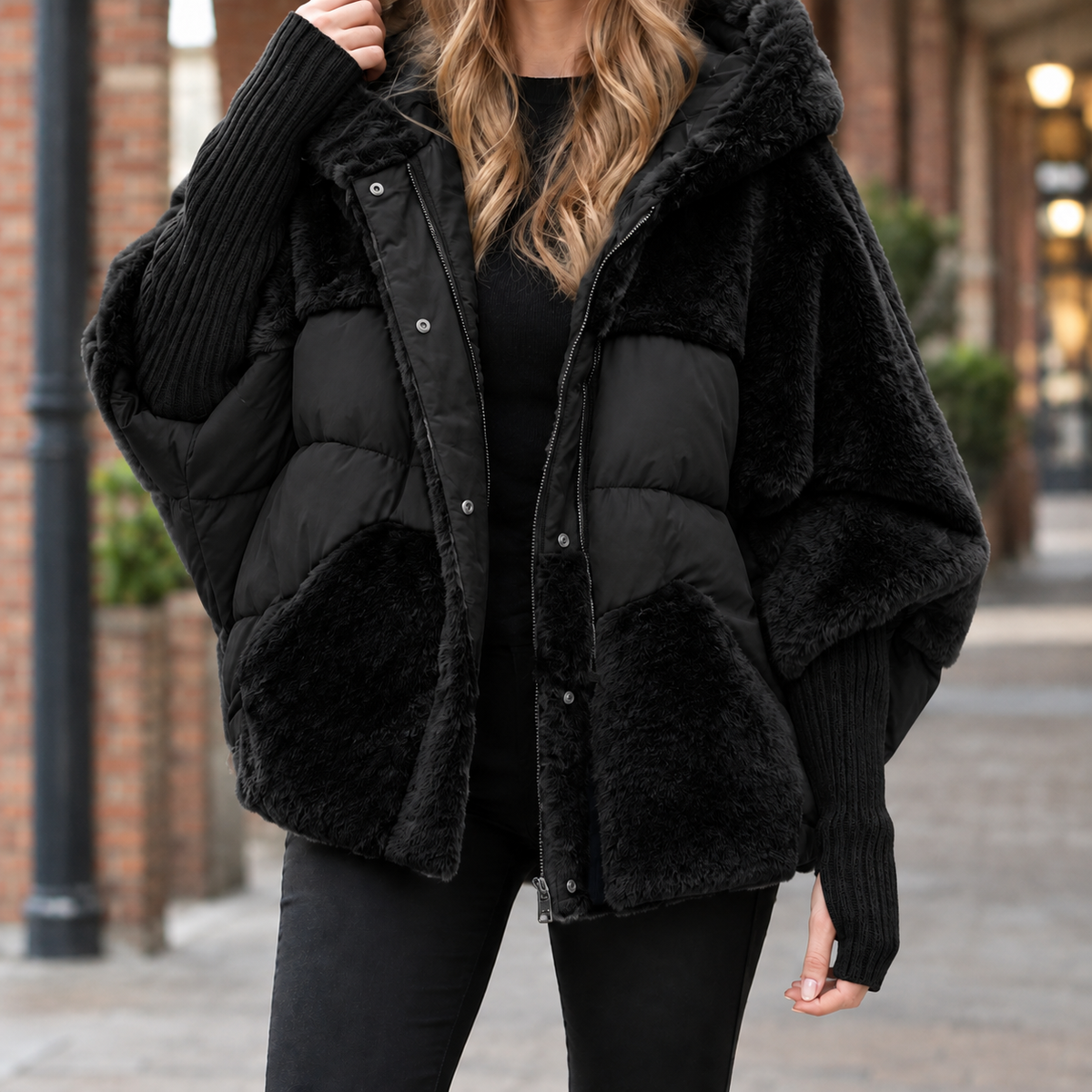 Women's Oversized Hooded Jacket with Plush Trim – Mixed Texture Zip Jacket
