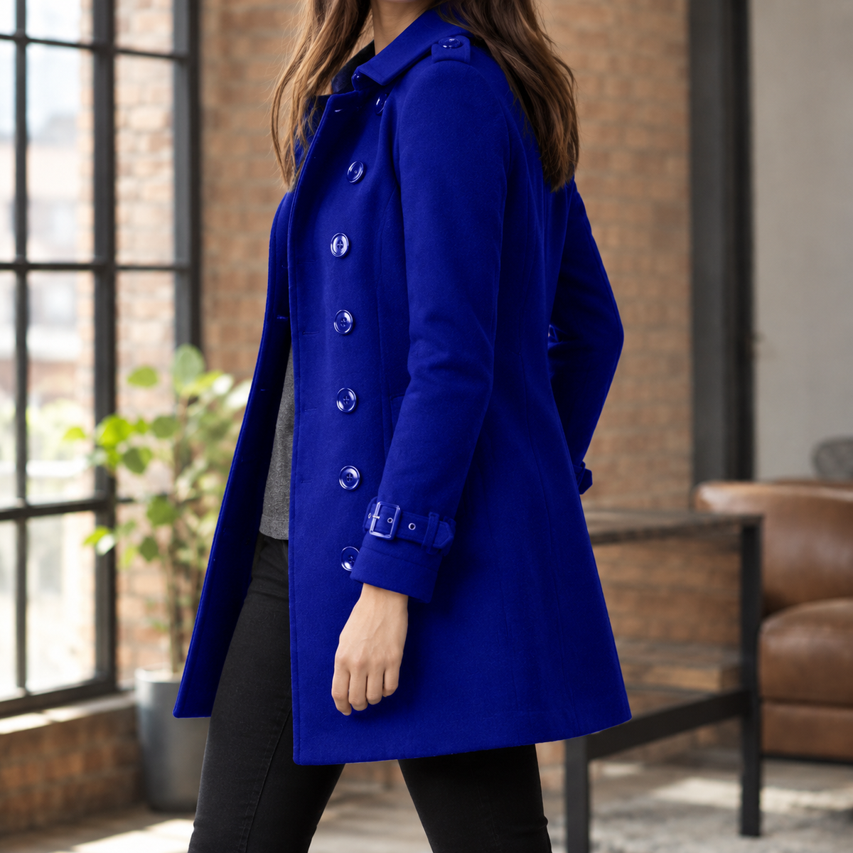 Women's Double-Breasted Coat – Mid-Thigh Notched Collar Coat with Cuff Tabs