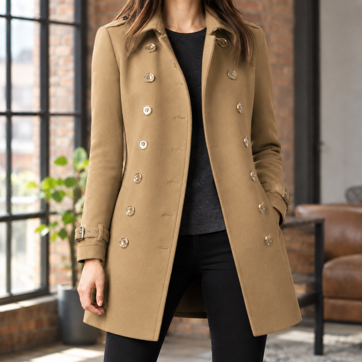 Women's Double-Breasted Coat – Mid-Thigh Notched Collar Coat with Cuff Tabs