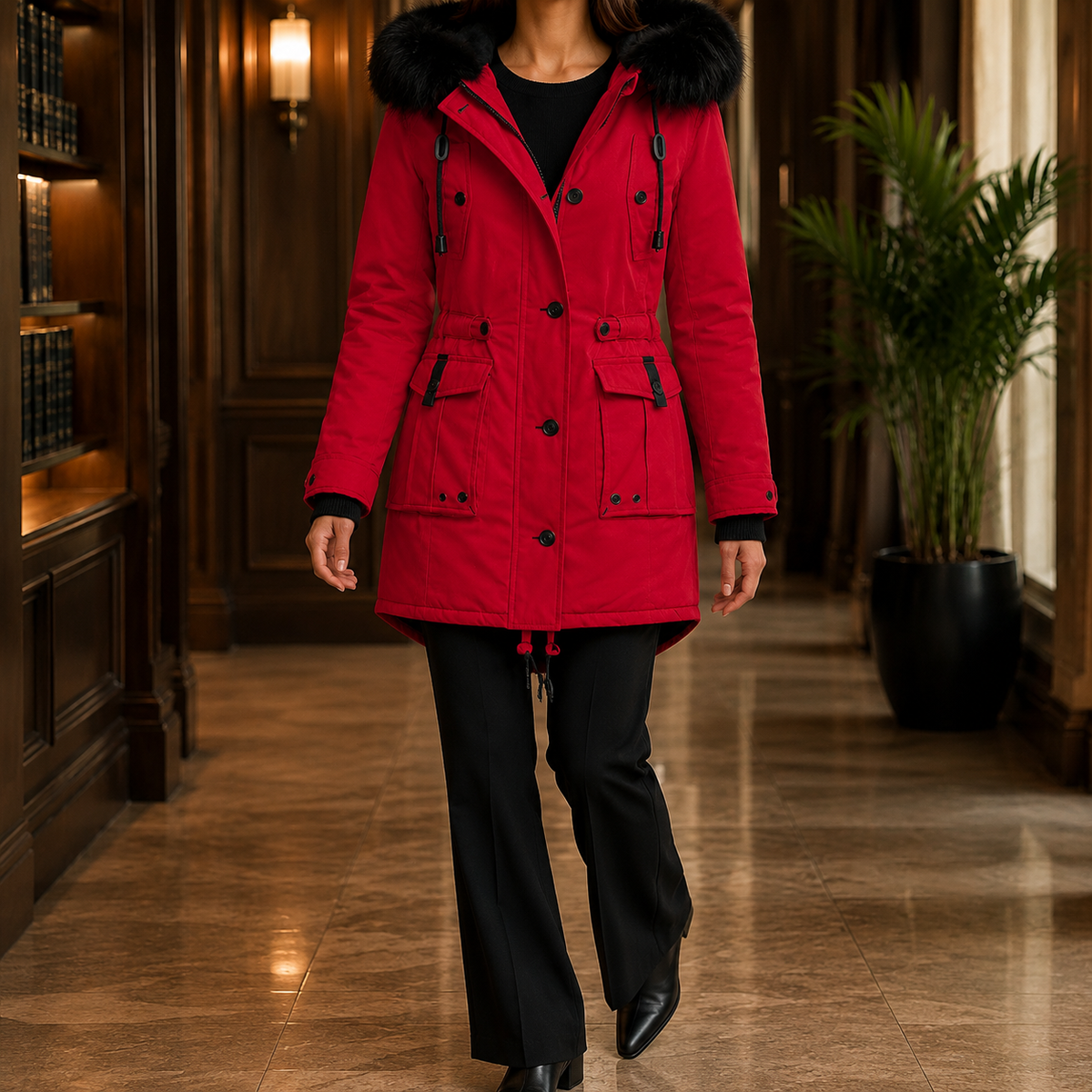 Women's Hooded Overcoat with Plush Trim – Thigh Length Coat with Adjustable Waist
