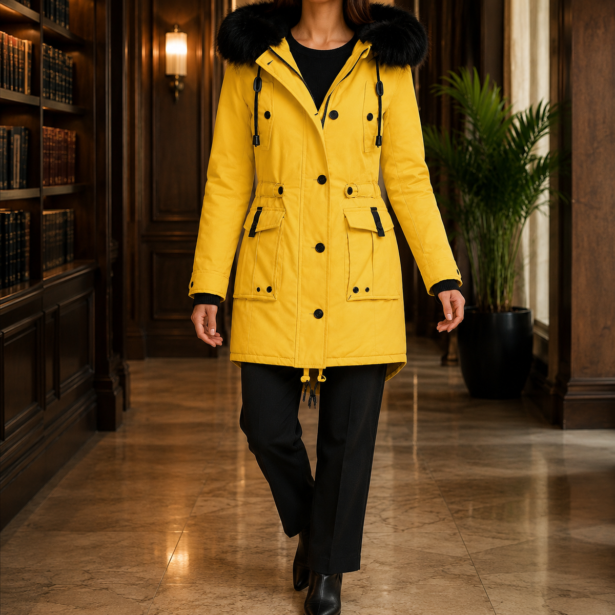 Women's Hooded Overcoat with Plush Trim – Thigh Length Coat with Adjustable Waist