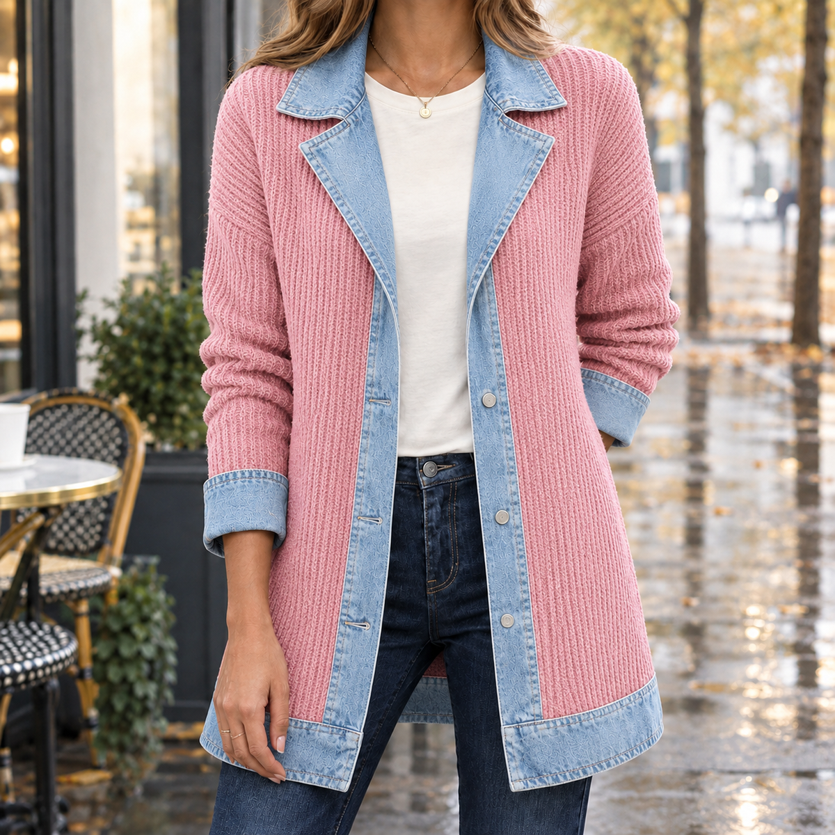 Women's Ribbed Knit Jacket with Contrast Denim Trim – Notched Collar Button Front Jacket