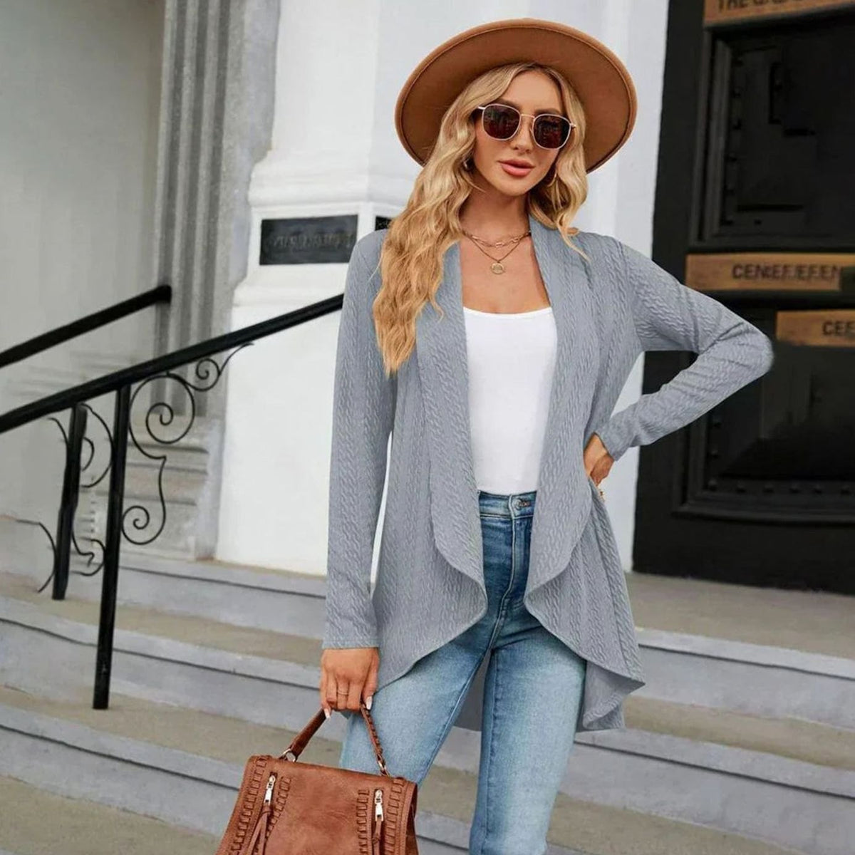 Women's Waterfall Open-Front Cardigan – Textured Knit Draped Layer
