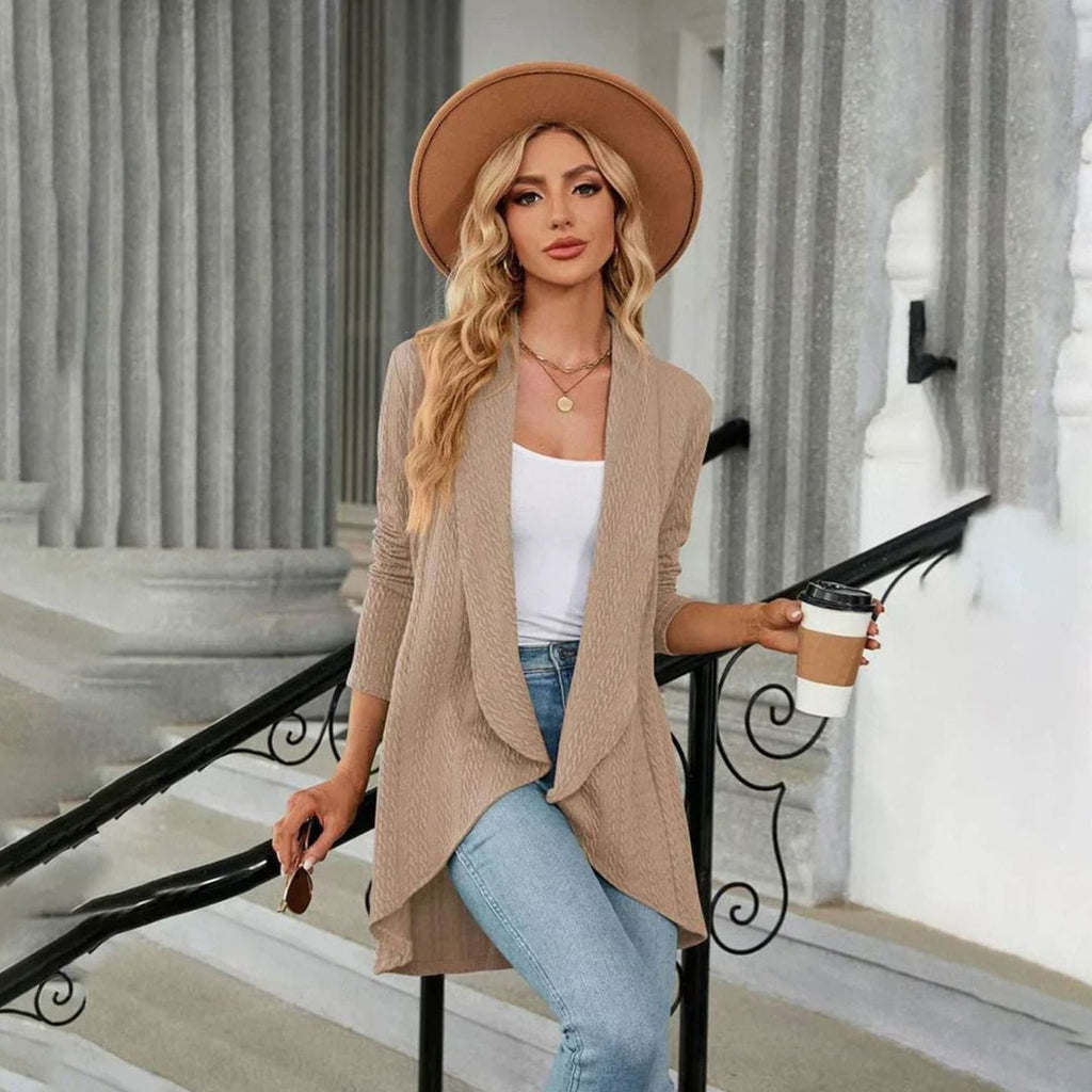 Women's Waterfall Open-Front Cardigan – Textured Knit Draped Layer