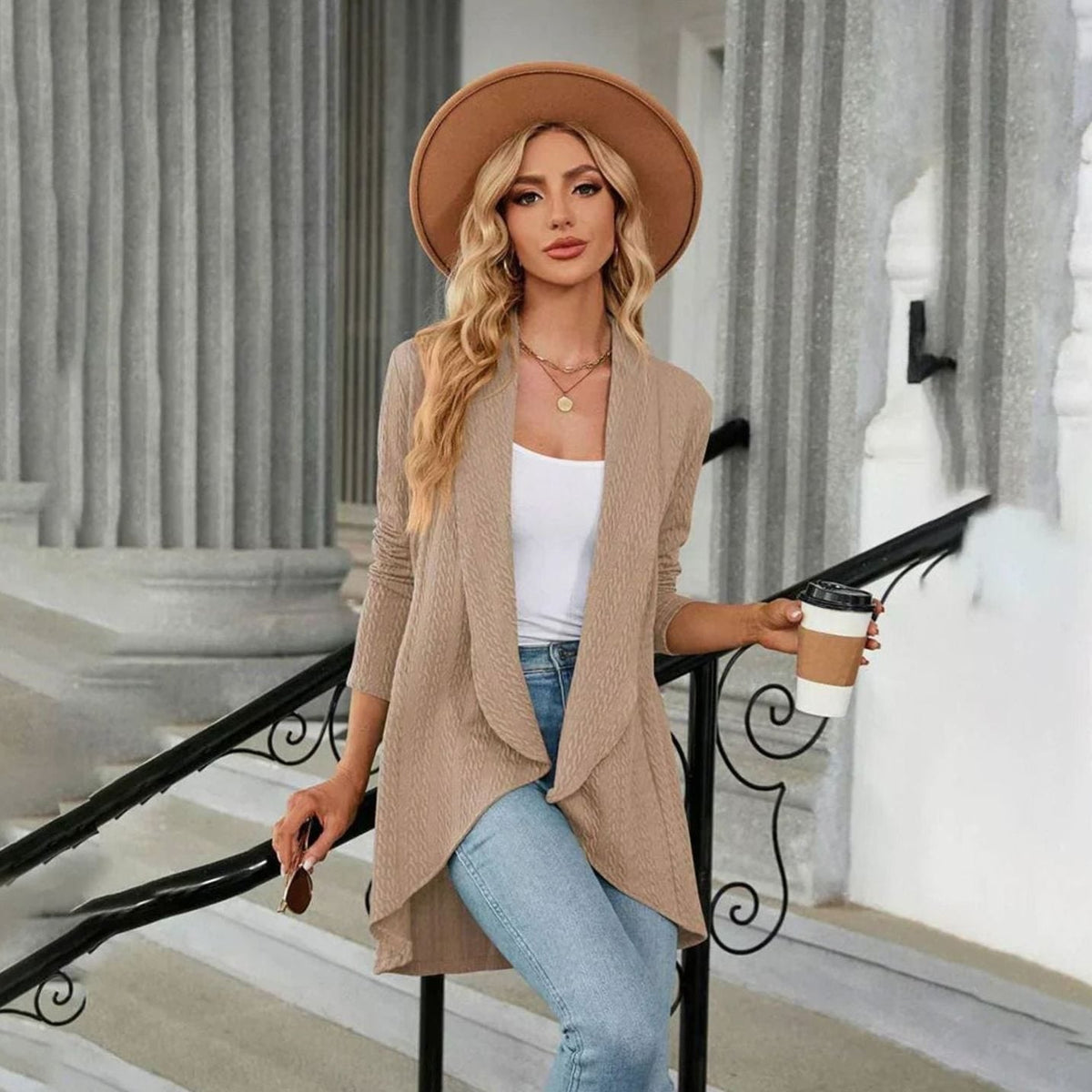 Women's Waterfall Open-Front Cardigan – Textured Knit Draped Layer