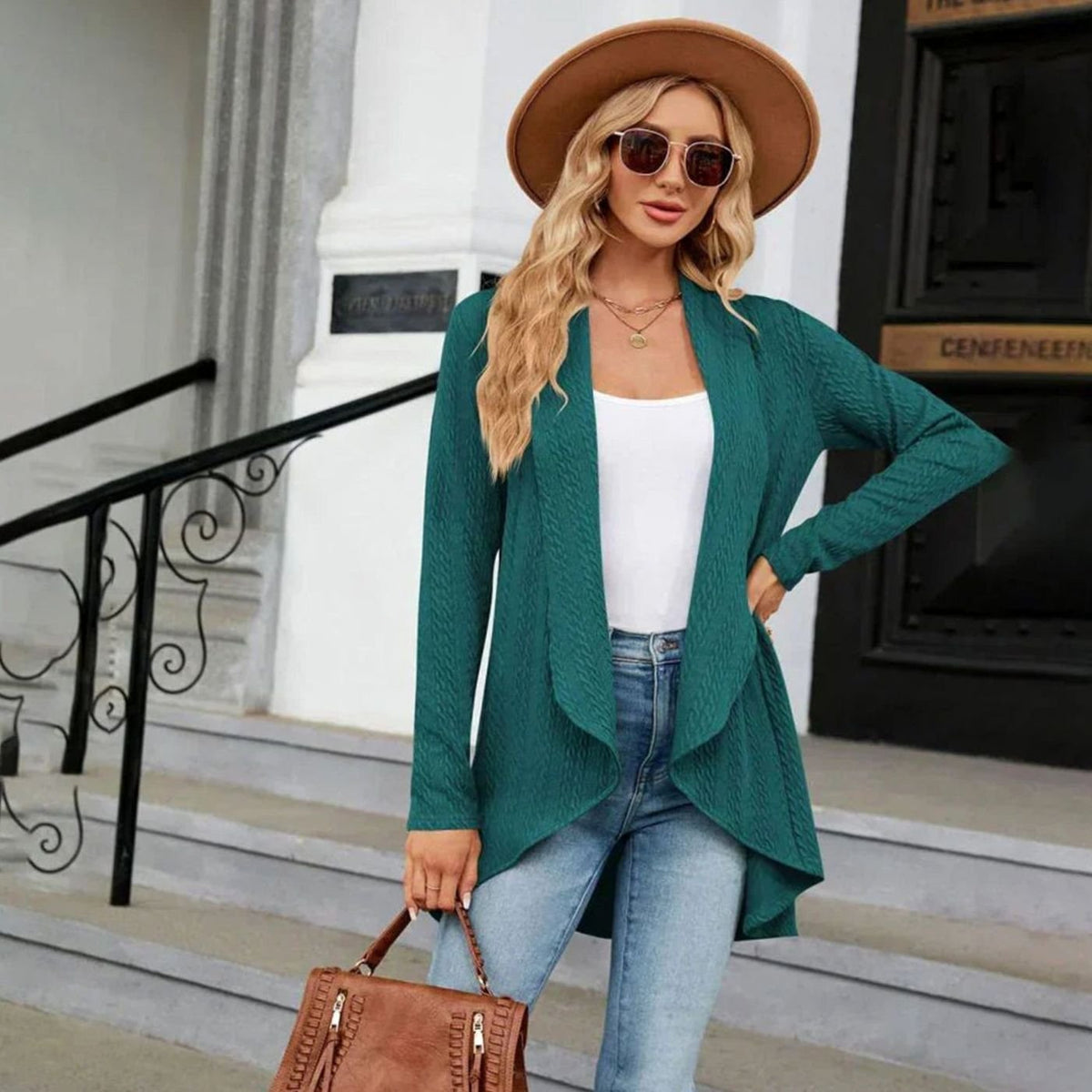 Women's Waterfall Open-Front Cardigan – Textured Knit Draped Layer