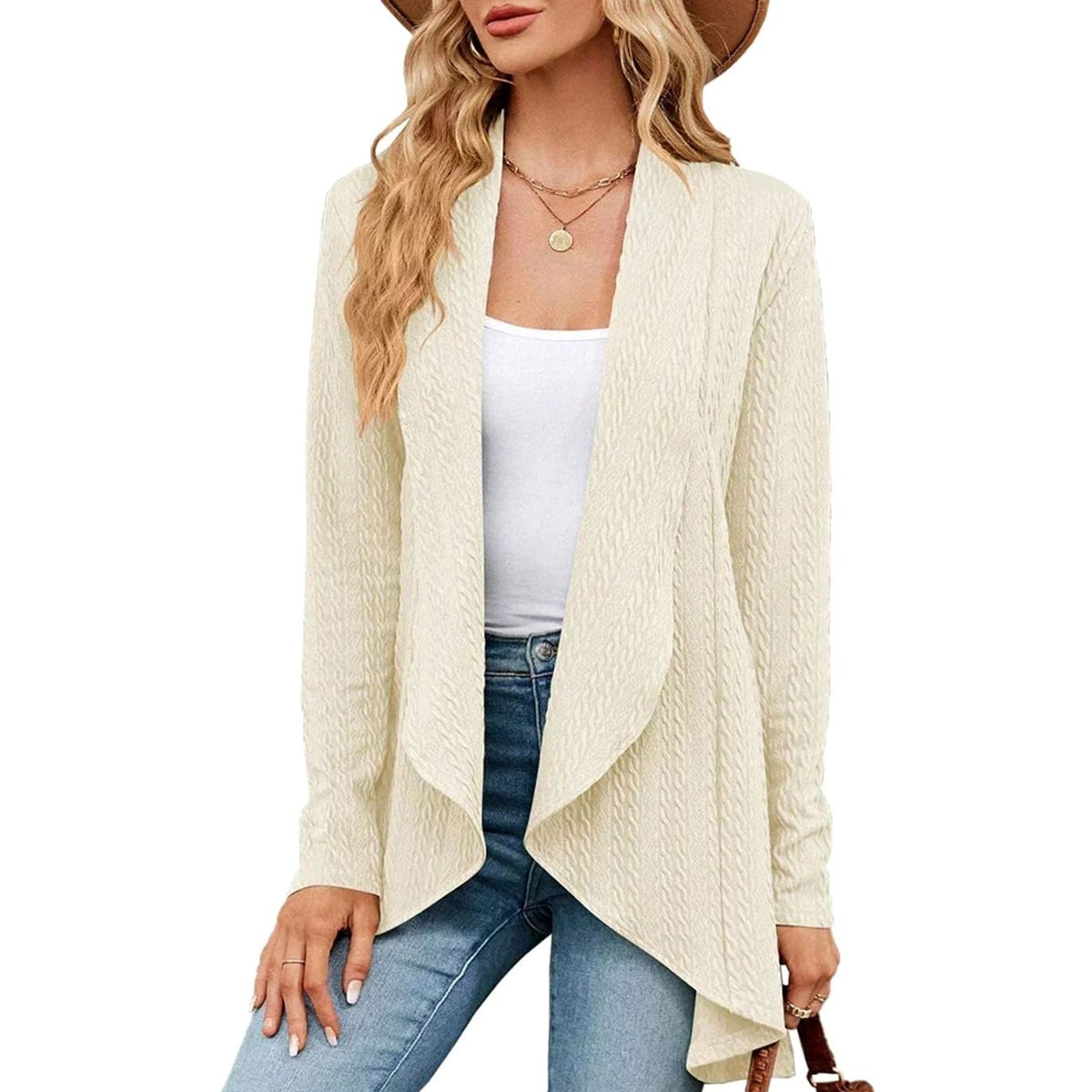 Women's Waterfall Open-Front Cardigan – Textured Knit Draped Layer