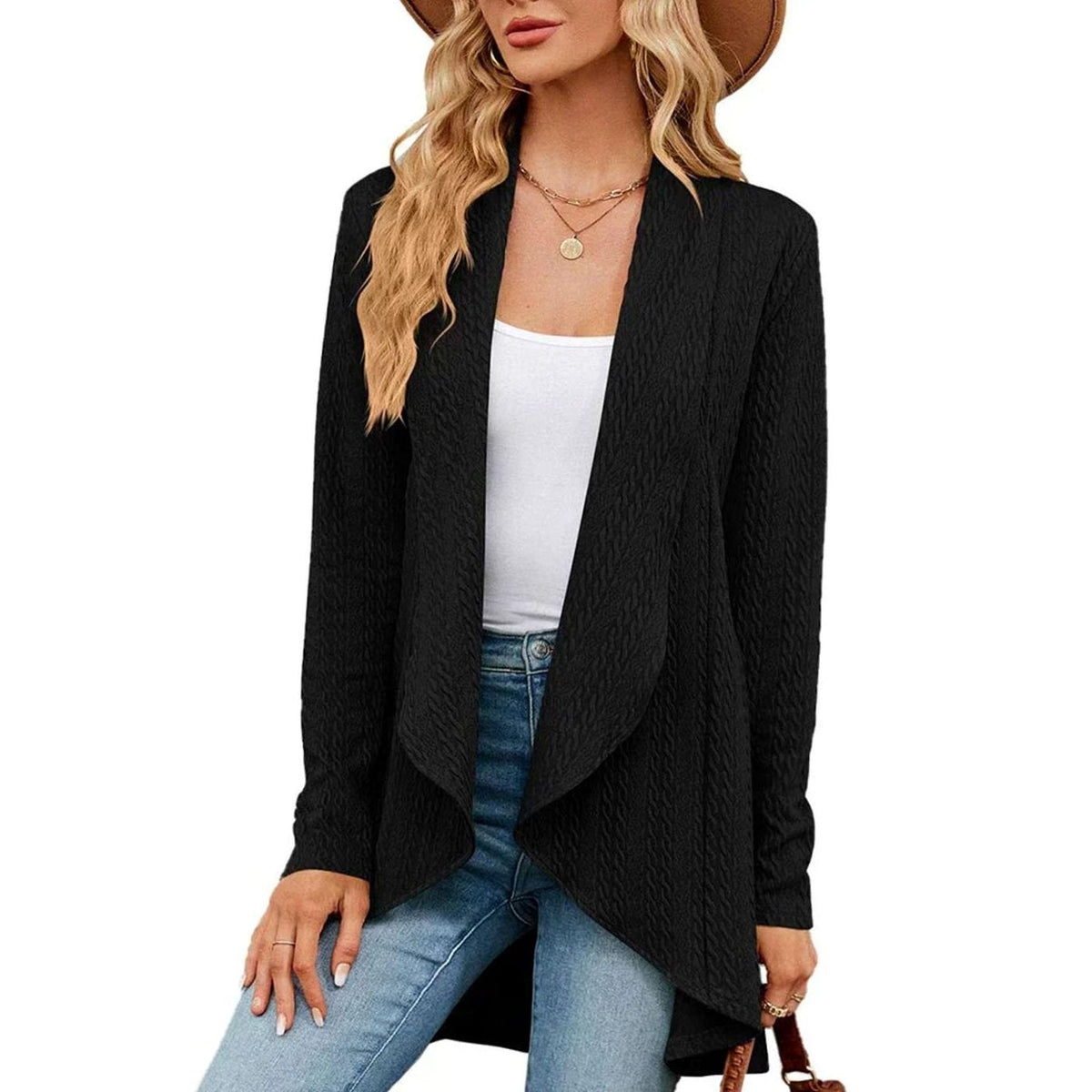 Women's Waterfall Open-Front Cardigan – Textured Knit Draped Layer