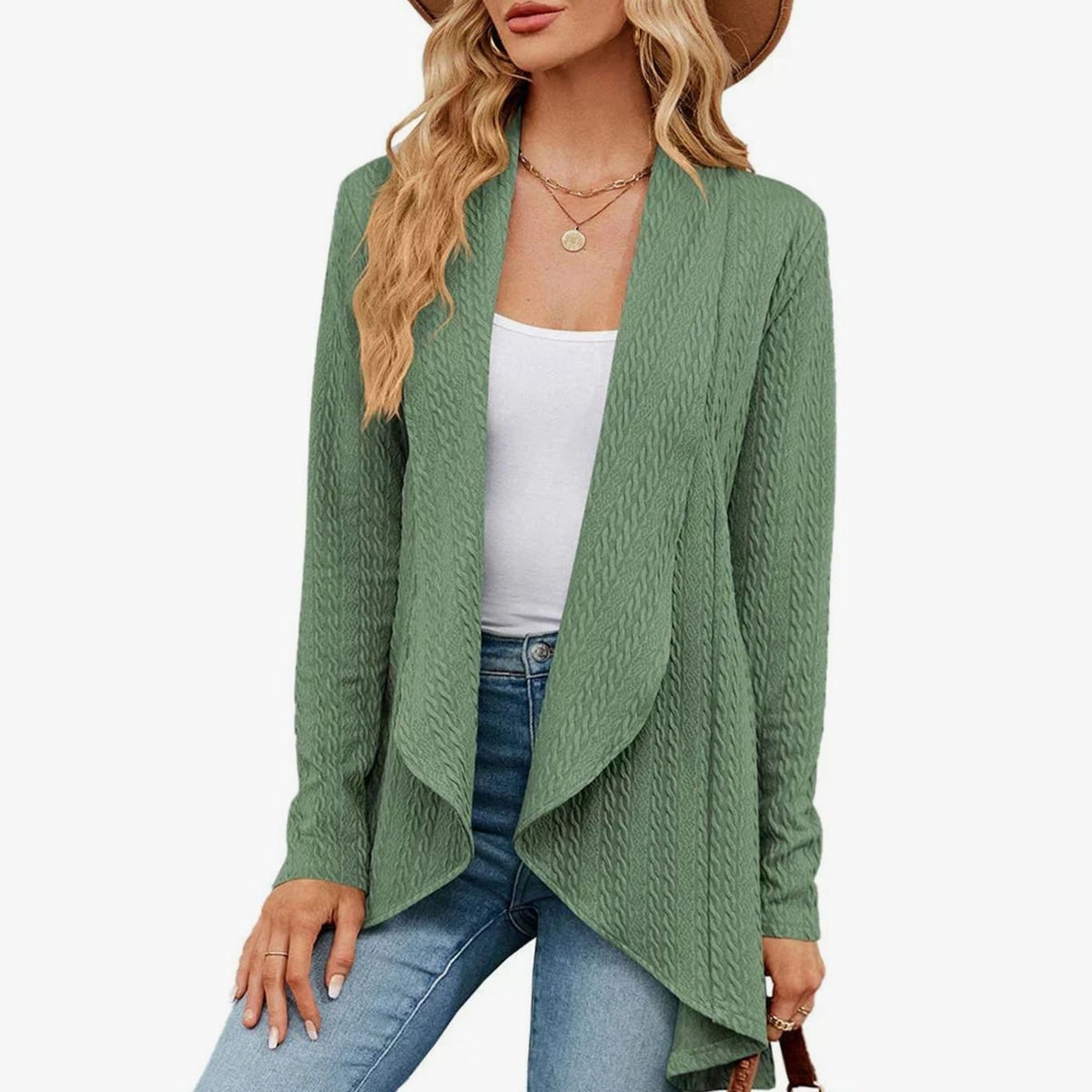 Women's Waterfall Open-Front Cardigan – Textured Knit Draped Layer