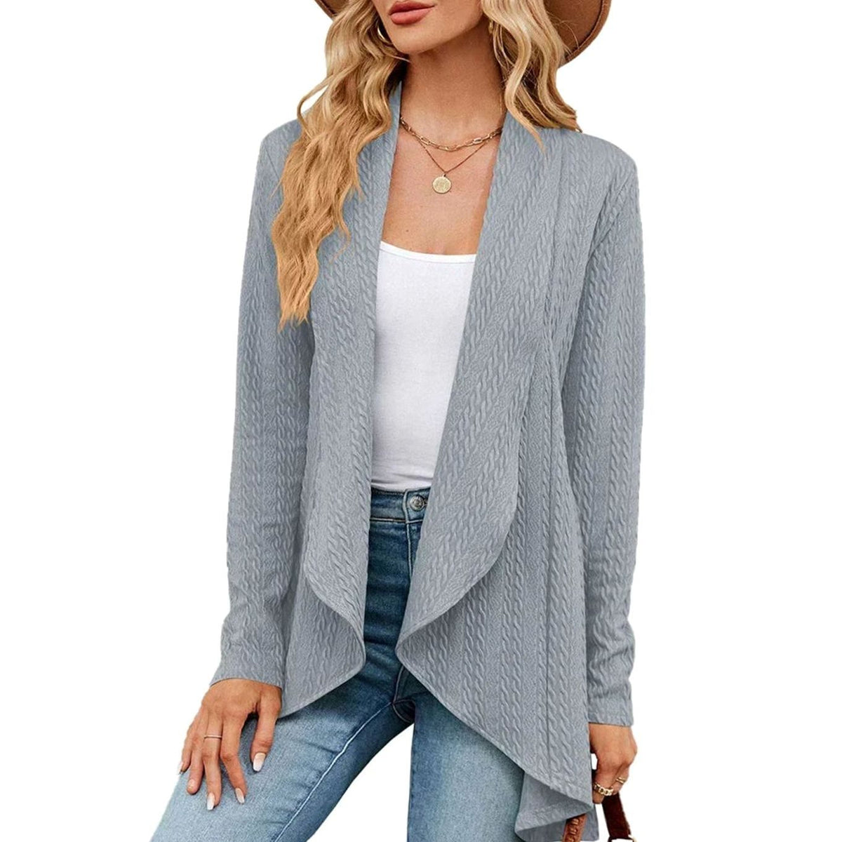 Women's Waterfall Open-Front Cardigan – Textured Knit Draped Layer
