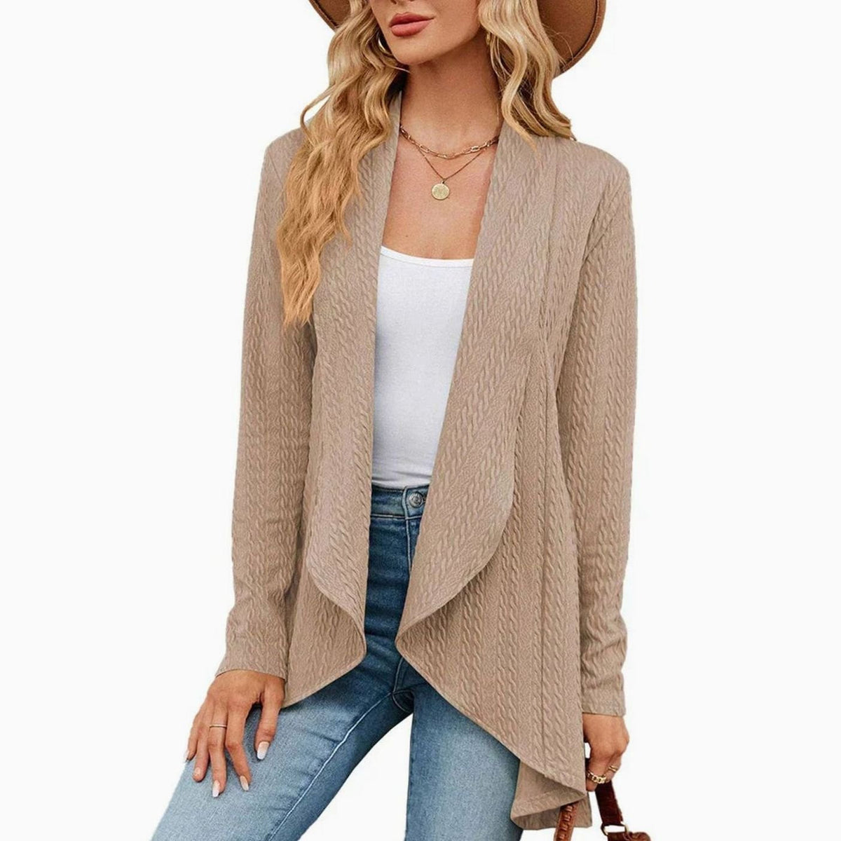Women's Waterfall Open-Front Cardigan – Textured Knit Draped Layer