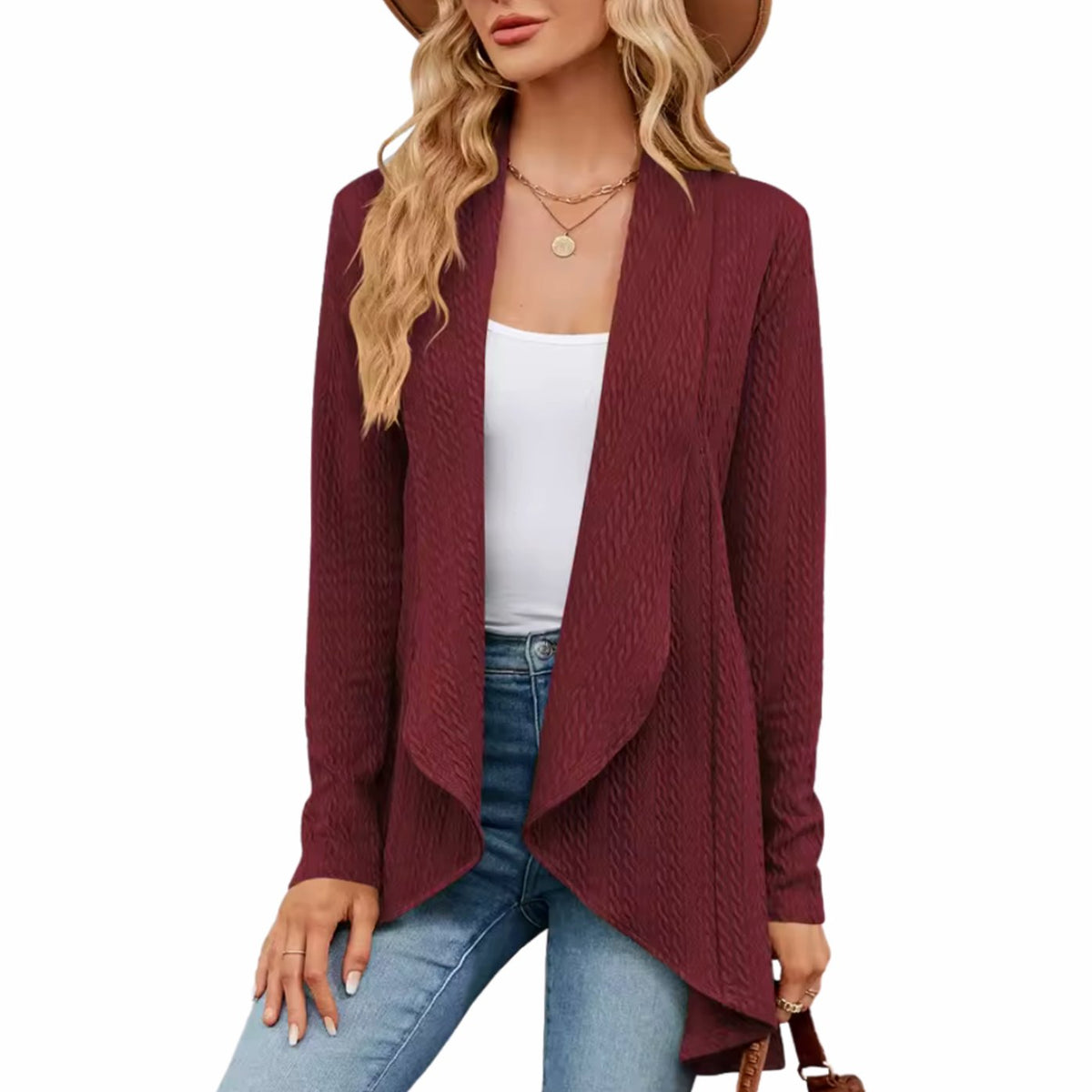 Women's Waterfall Open-Front Cardigan – Textured Knit Draped Layer