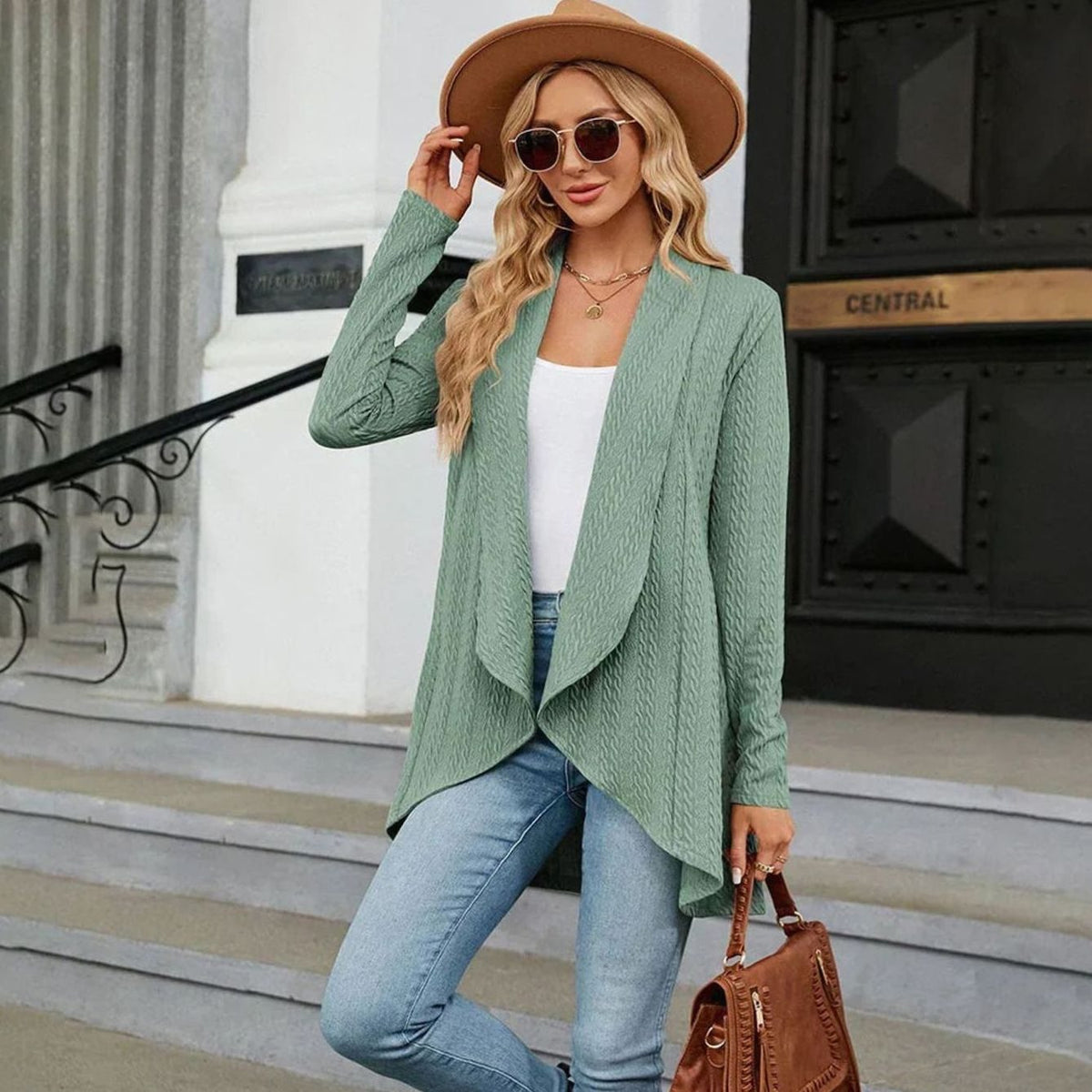 Women's Waterfall Open-Front Cardigan – Textured Knit Draped Layer