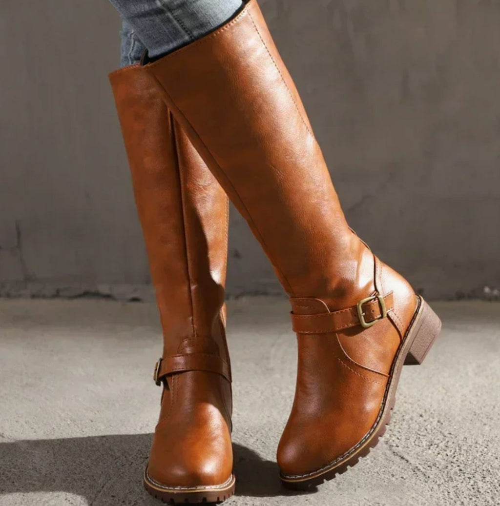 Women's Knee-High Buckle Strap Boots – Block Heel Riding Style Boots
