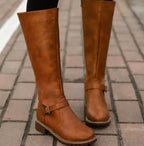 Women's Knee-High Buckle Strap Boots – Block Heel Riding Style Boots