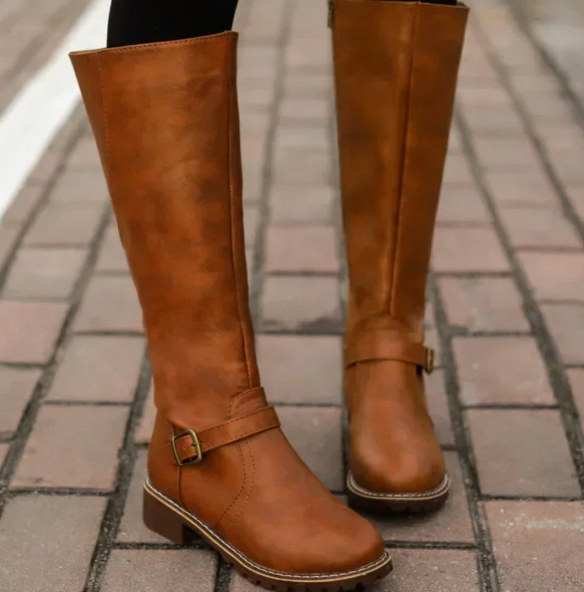 Women's Knee-High Buckle Strap Boots – Block Heel Riding Style Boots