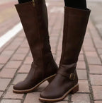 Women's Knee-High Buckle Strap Boots – Block Heel Riding Style Boots