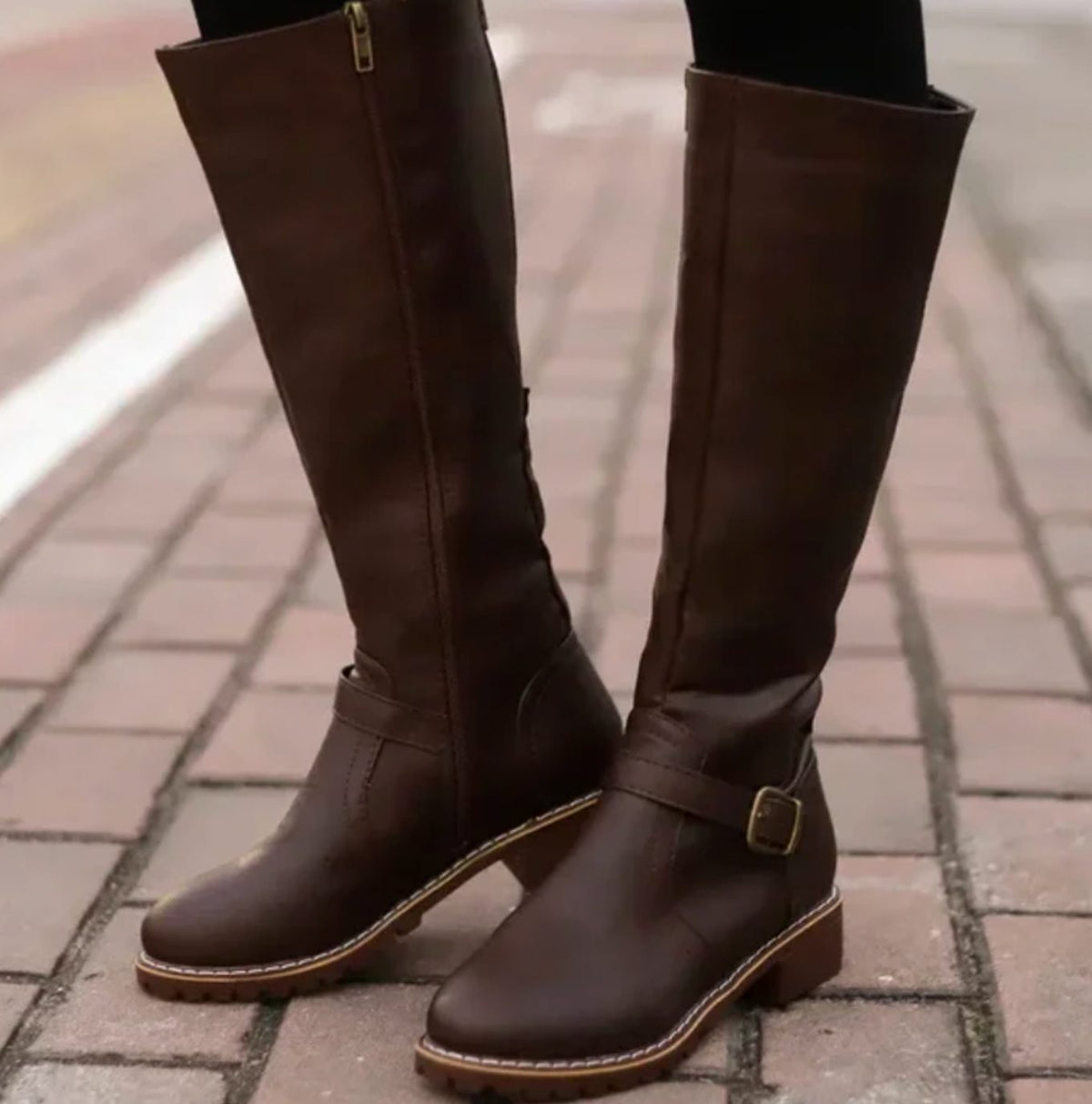 Women's Knee-High Buckle Strap Boots – Block Heel Riding Style Boots