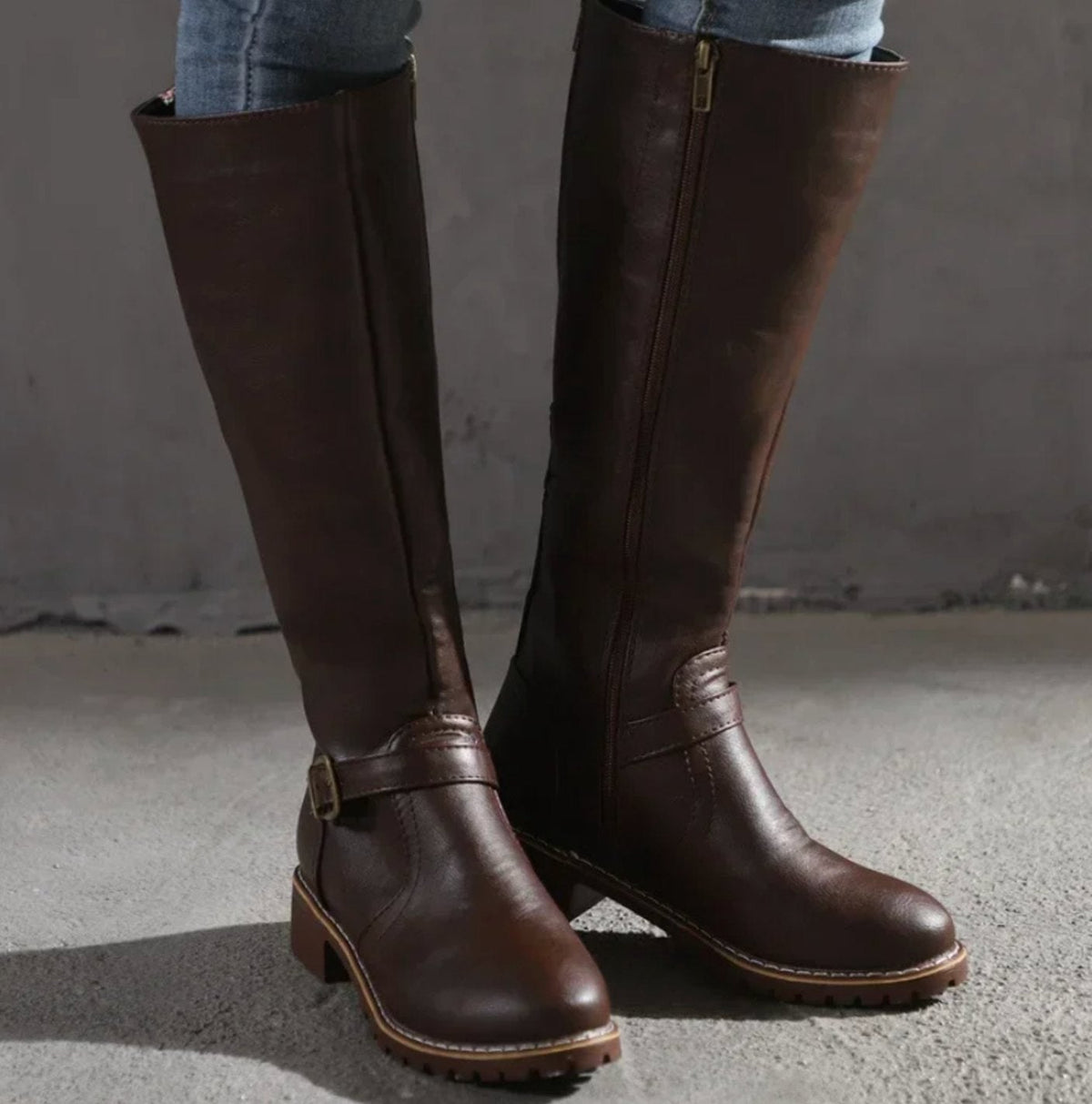 Women's Knee-High Buckle Strap Boots – Block Heel Riding Style Boots