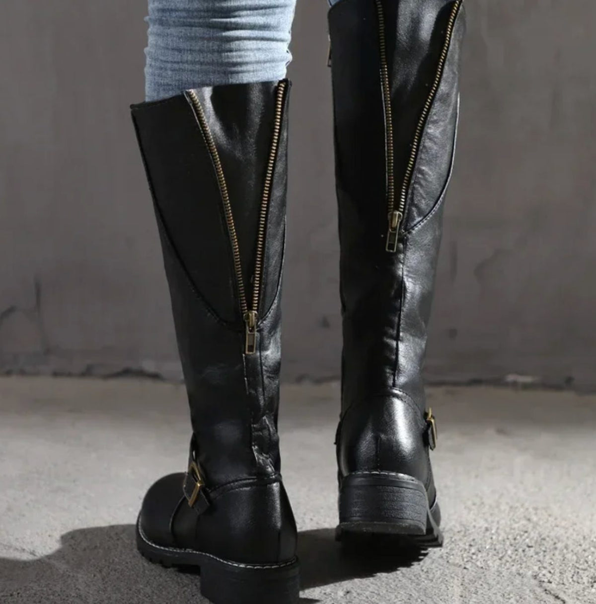 Women's Knee-High Buckle Strap Boots – Block Heel Riding Style Boots