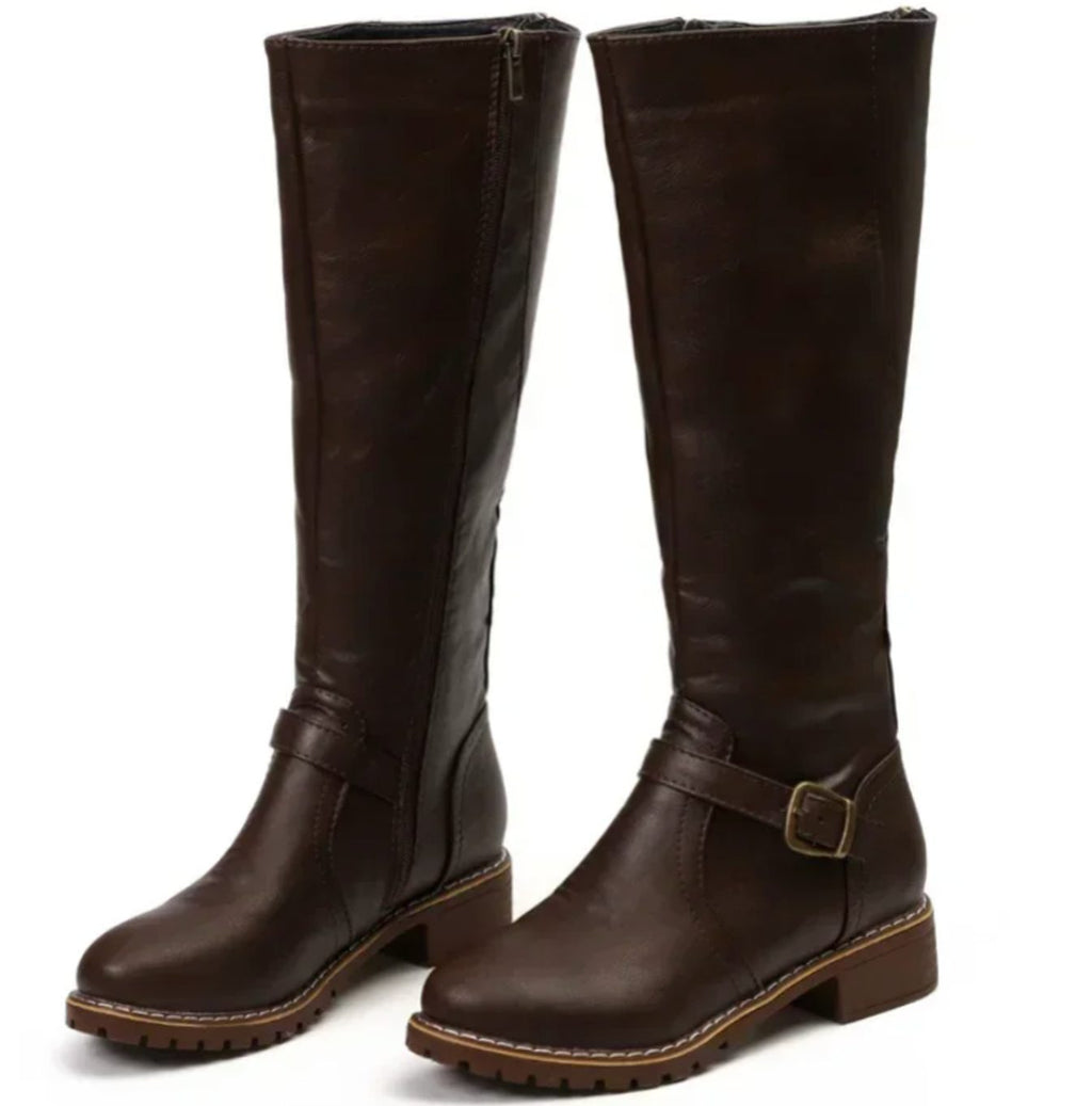 Women's Knee-High Buckle Strap Boots – Block Heel Riding Style Boots