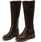 Women's Knee-High Buckle Strap Boots – Block Heel Riding Style Boots