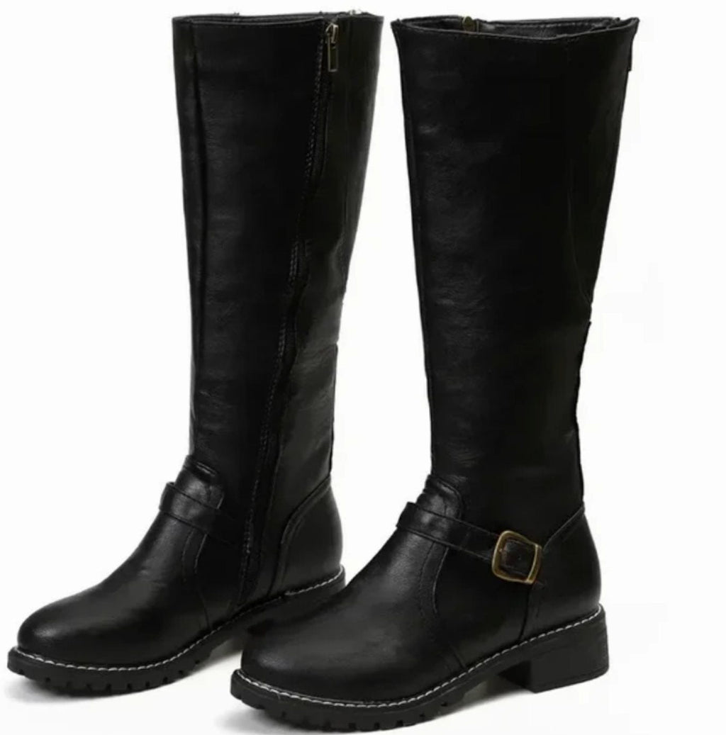 Women's Knee-High Buckle Strap Boots – Block Heel Riding Style Boots