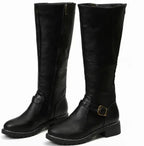 Women's Knee-High Buckle Strap Boots – Block Heel Riding Style Boots