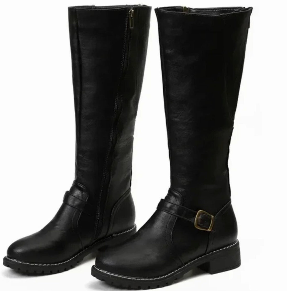 Women's Knee-High Buckle Strap Boots – Block Heel Riding Style Boots