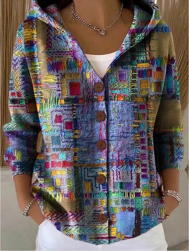 Women's Printed Hooded Cardigan – Button-Front Relaxed Knit Sweater